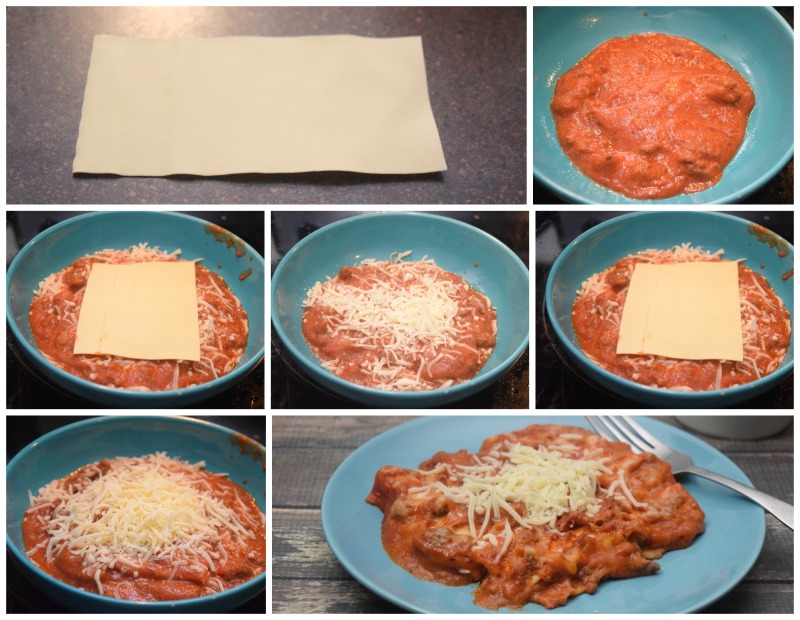 A collage to show how to put together the microwave lasagna for one