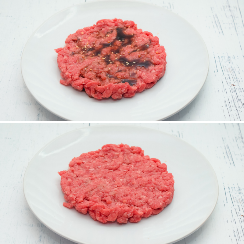 Two photos.  One is an uncooked hamburger patty that is bare and the other is an uncooked hamburger patty topped with Worcestershire sauce and garlic 
