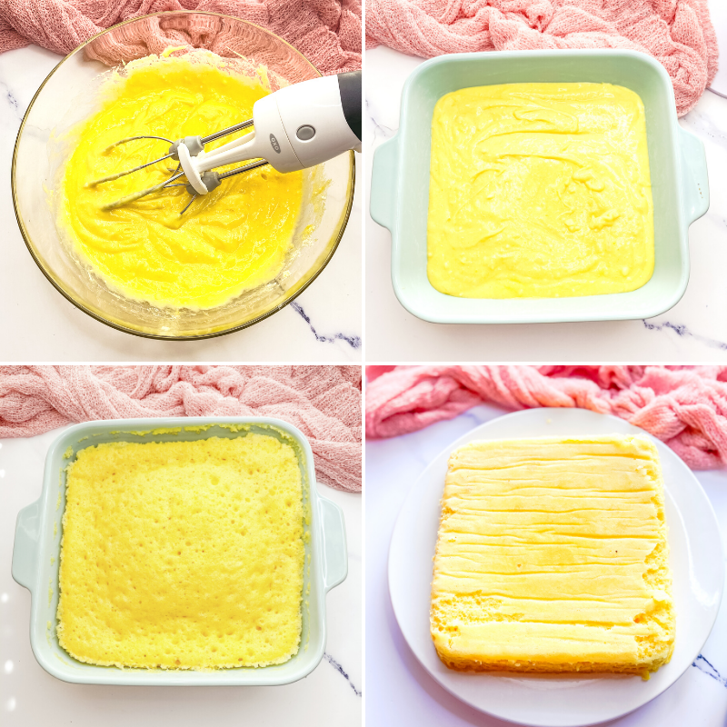 Four photo collage of making a basic yellow cake mix from batter to finished cooked cake. 