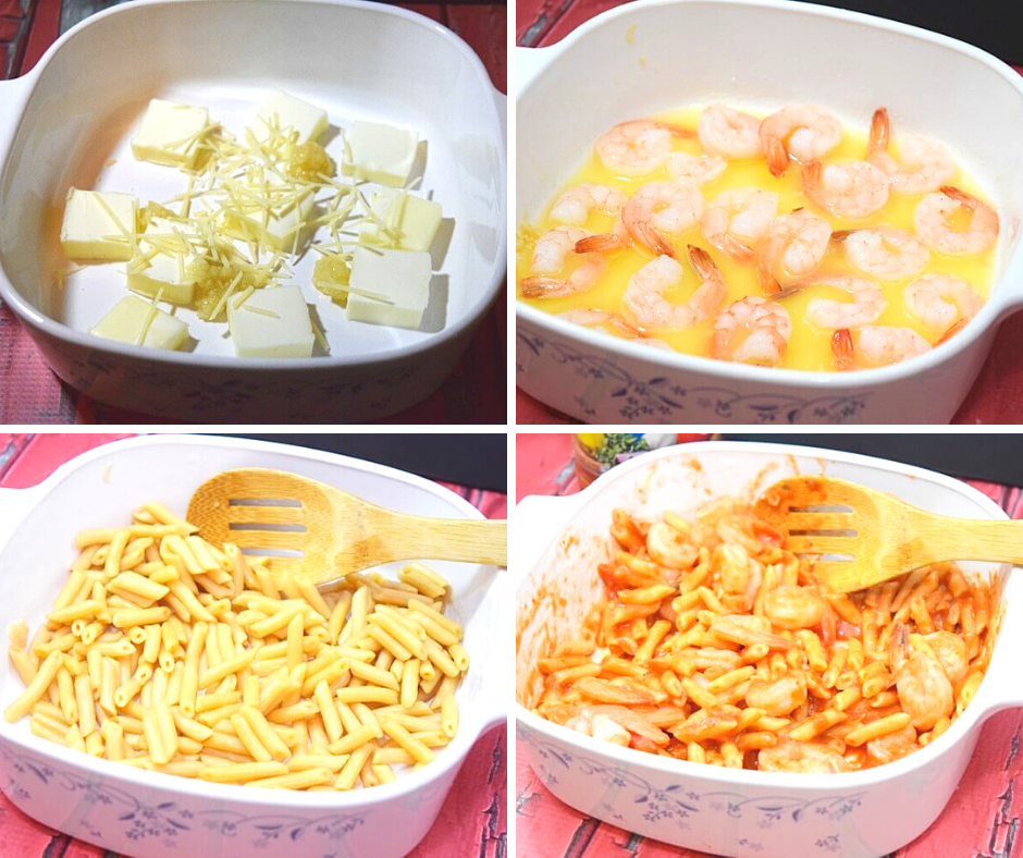 A collage of four photos showing the steps to make this easy shrimp pasta dish. 
