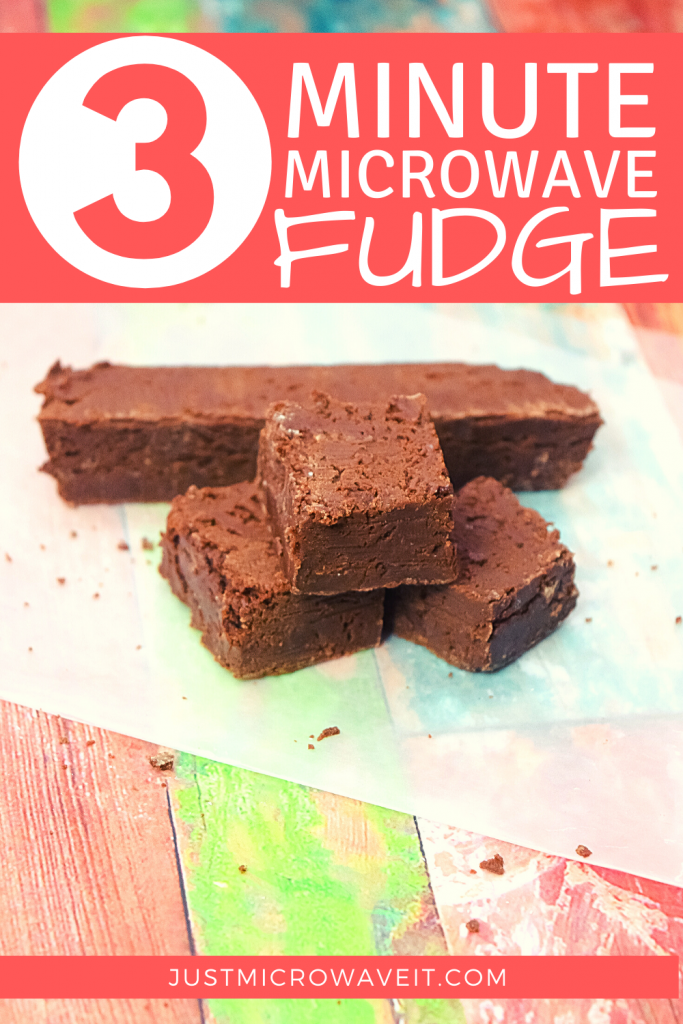 Title image for 3 minute microwave fudge with a close up of the fudge. 