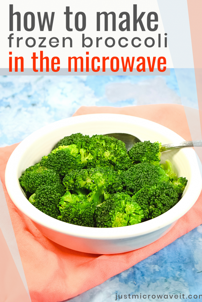 Title image with a white bowl of green broccoli on a blue background and pale pink napkin