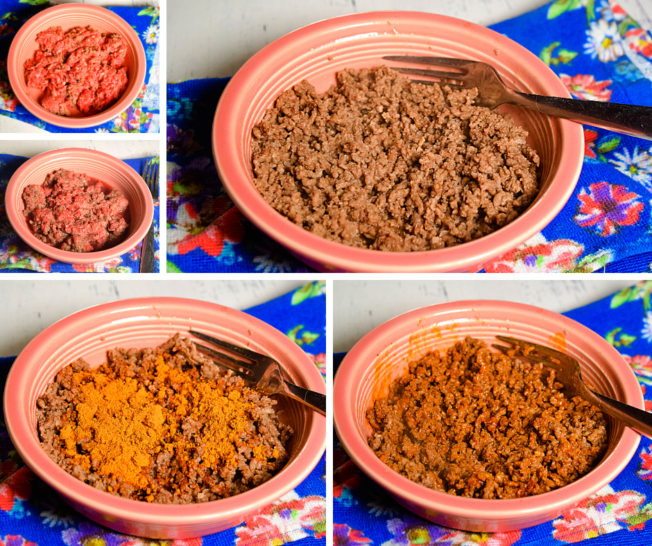 Collage of 5 images showing raw meat to finished taco meat in a pink bowl on a blue floral towel on a white background