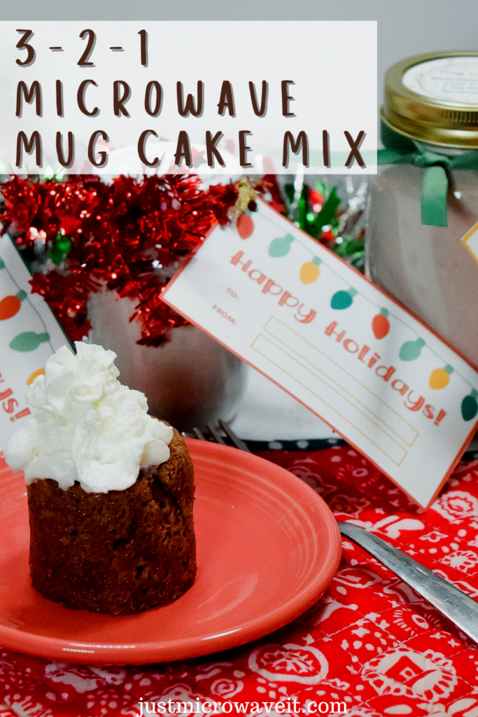 Title image for Microwave Mug Cake Mix with a close up of the cake with whipped cream. 