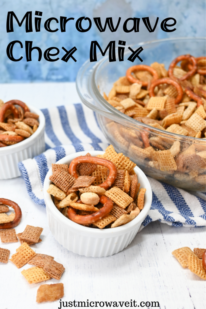 Title image for Microwave Chex Mix with a white ramekin full of the party mix next to another ramekin and a clear glass bowl full of Chex Mix on a blue striped towel.