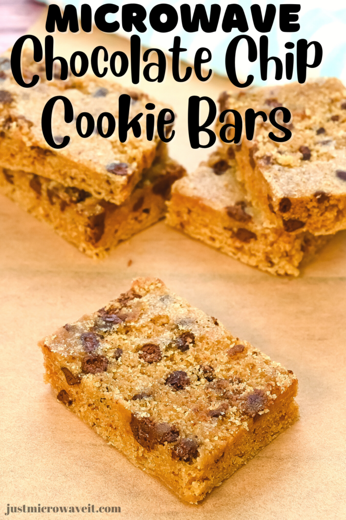 Title image with a close up of the microwave chocolate chip cookie bars