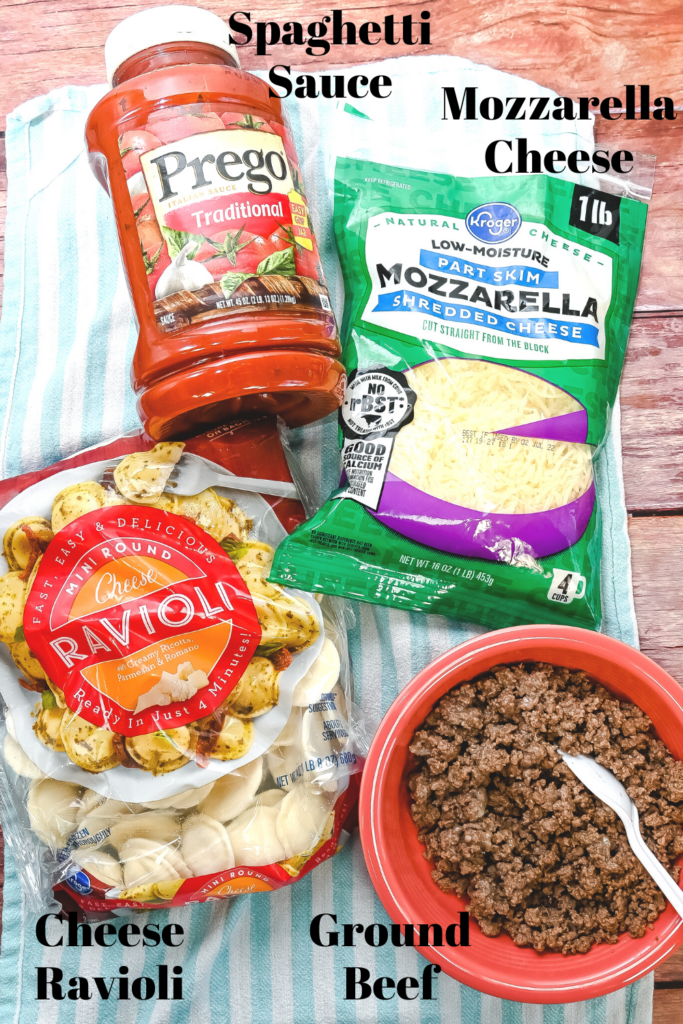 Ingredients to make the microwave cheesy ravioli lasagna with meat sauce