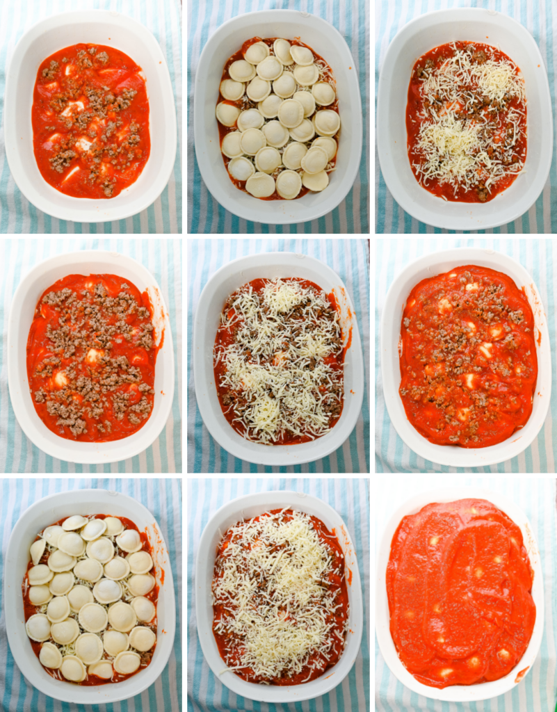 Step by step collage image with 9 photos showing how to make the microwave cheesy ravioli lasagna with meat sauce. 