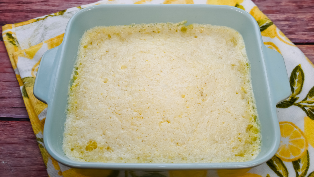 The finished version of the Microwave Lemon Bars still in the baking dish. 
