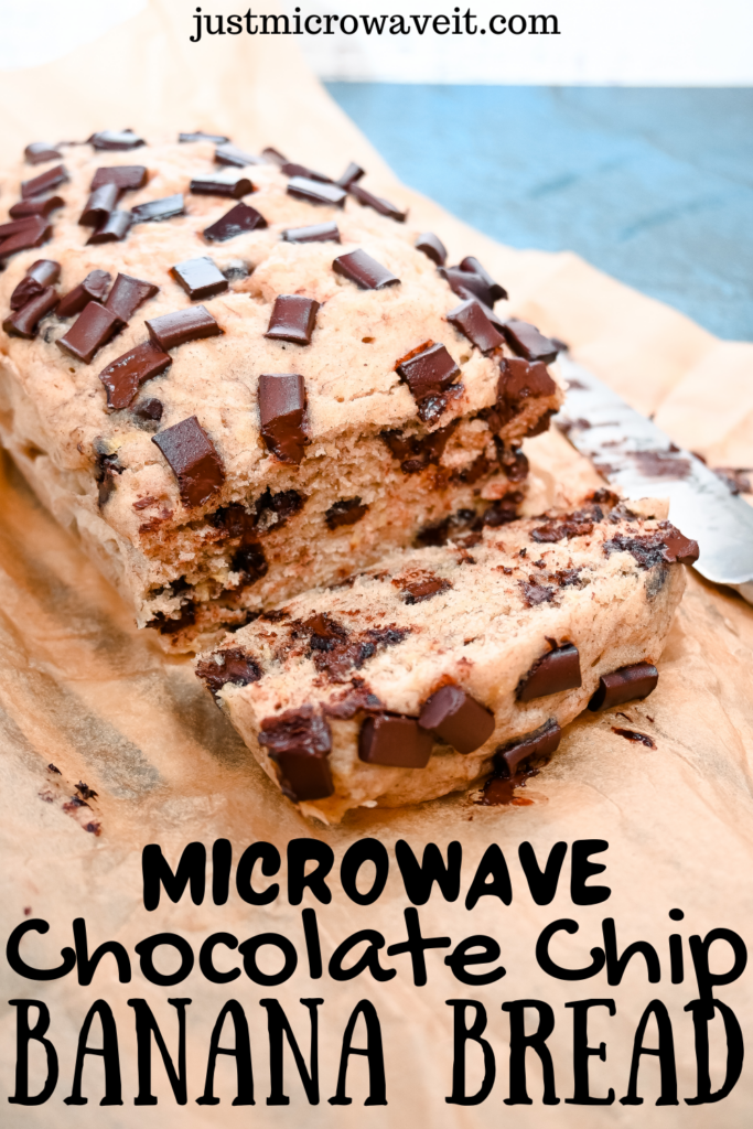 Chocolate Chip Banana Bread in the Microwave title image on brown parchment paper with one slice cut