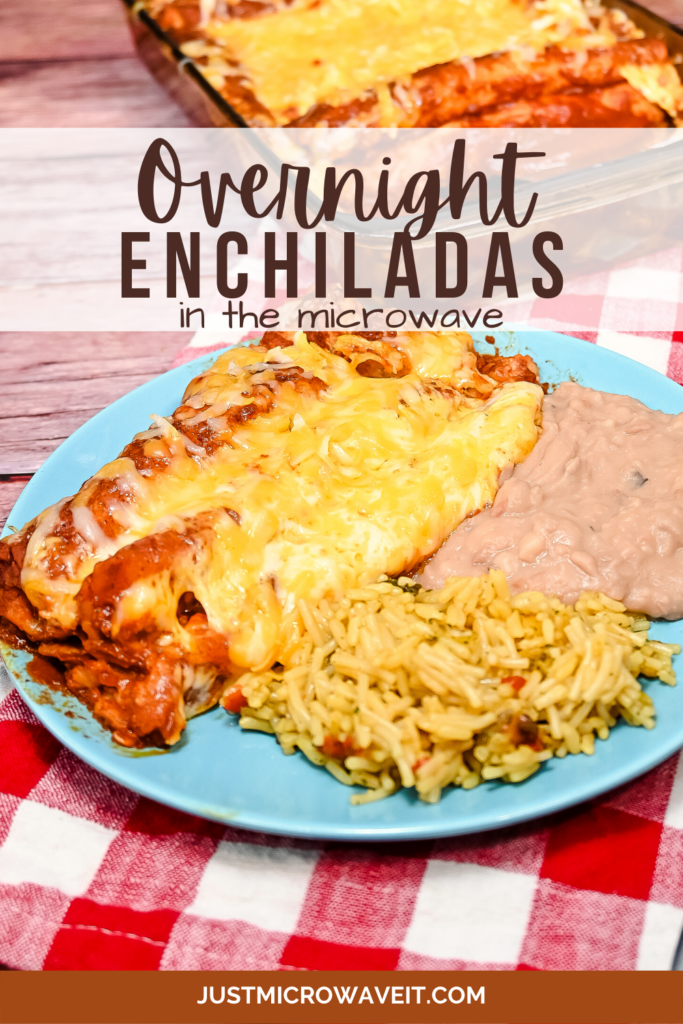 Title image with a blue plate of overnight enchiladas with rice and beans. 