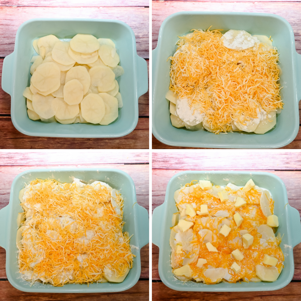 4 collage images to show how to layer the au gratin potatoes in the baking dish for microwaving,