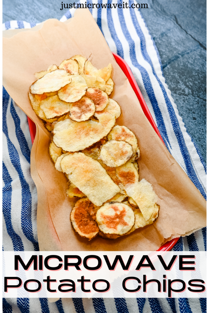 Title image with potato chips on brown parchment paper on a red platter with a blue striped towel. 