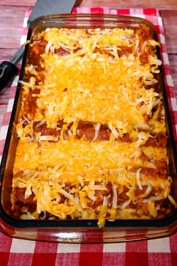 The overnight enchiladas covered in melted colby jack cheese. 