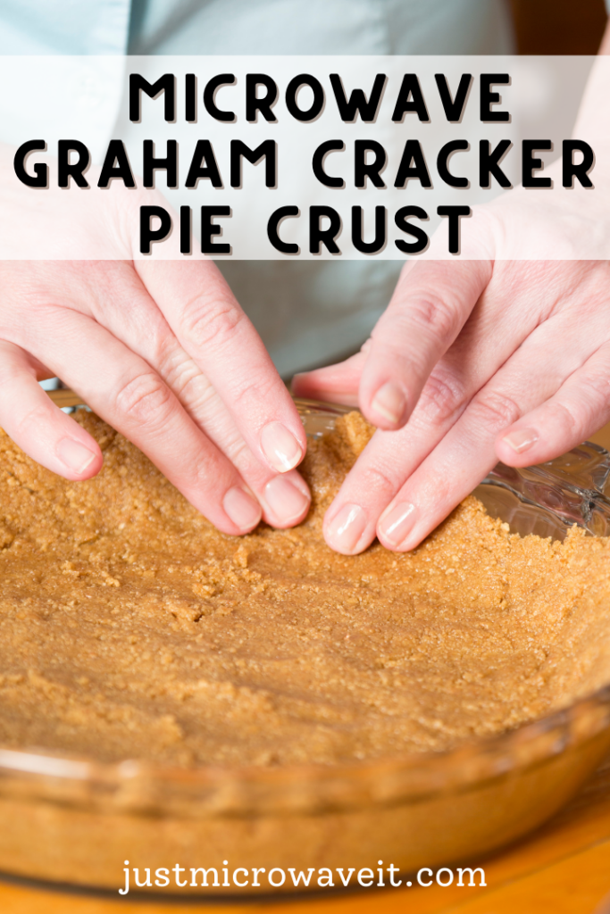 A close up image of hands making a microwave graham cracker crust in a glass pie plate. 