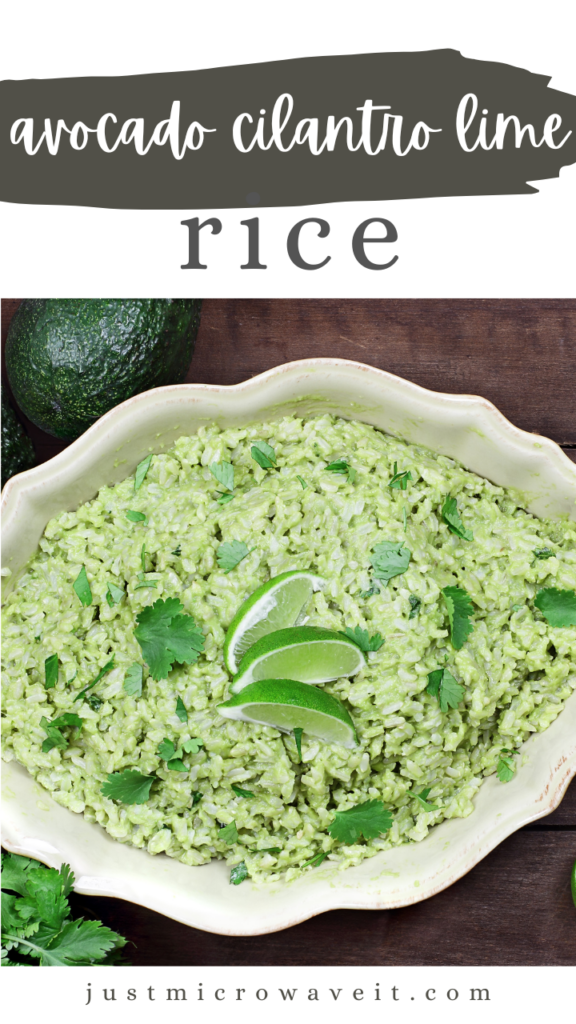 TItle image with a close up of Microwave Avocado Cilantro Lime Rice