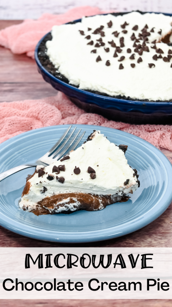 Title image for Microwave Chocolate Cream Pie with a slice of pie cut on a light blue saucer in front of a pink gauze towel with a dark blue pie plate with the pie