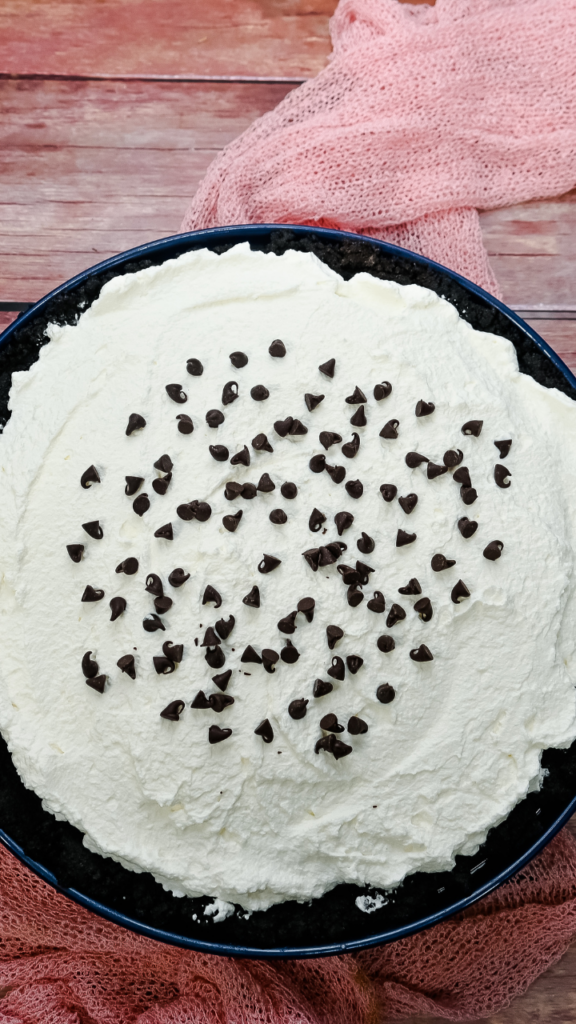 Close up of finished microwave chocolate cream pie