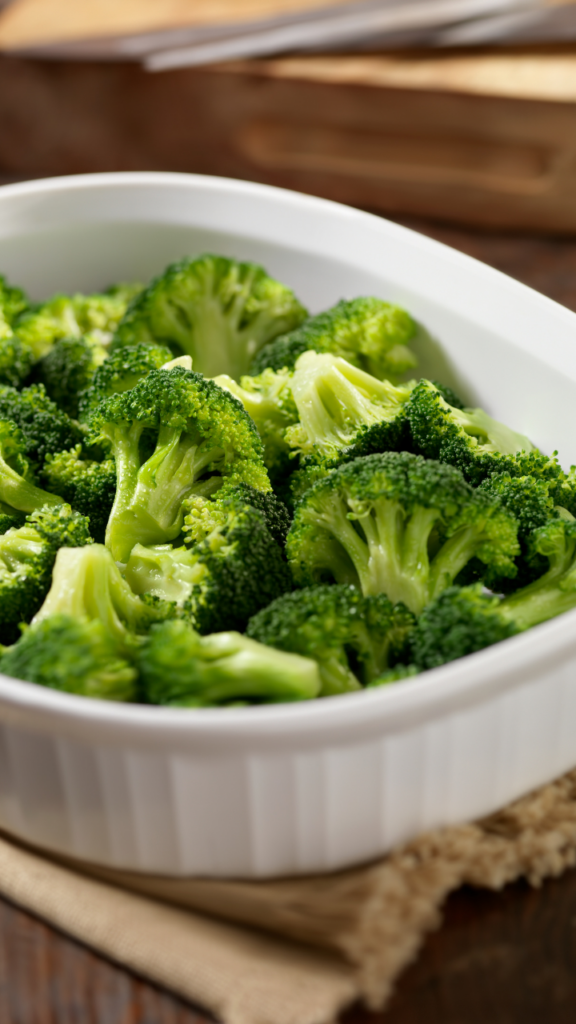  Fresh Raw Broccoli in a microwave-safe dish ready to steam