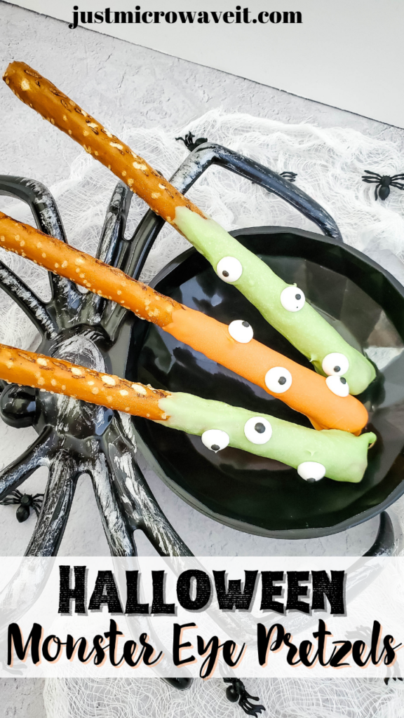 Title image with three monster eye halloween pretzels in a spider dish. 