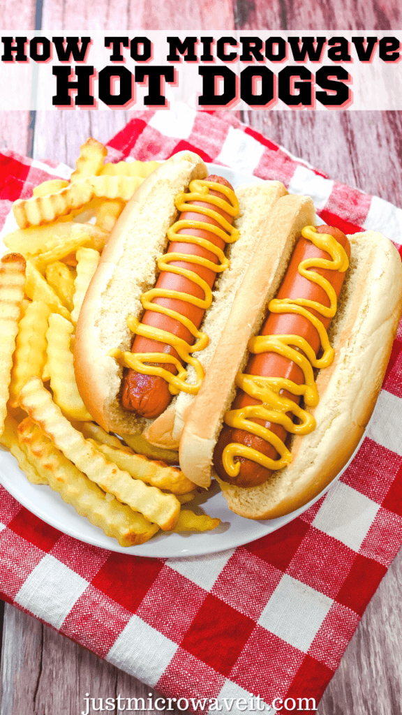 title image with two hots dogs on buns with mustard on a plate with fries on a red and white checkered napkin on a wooden background