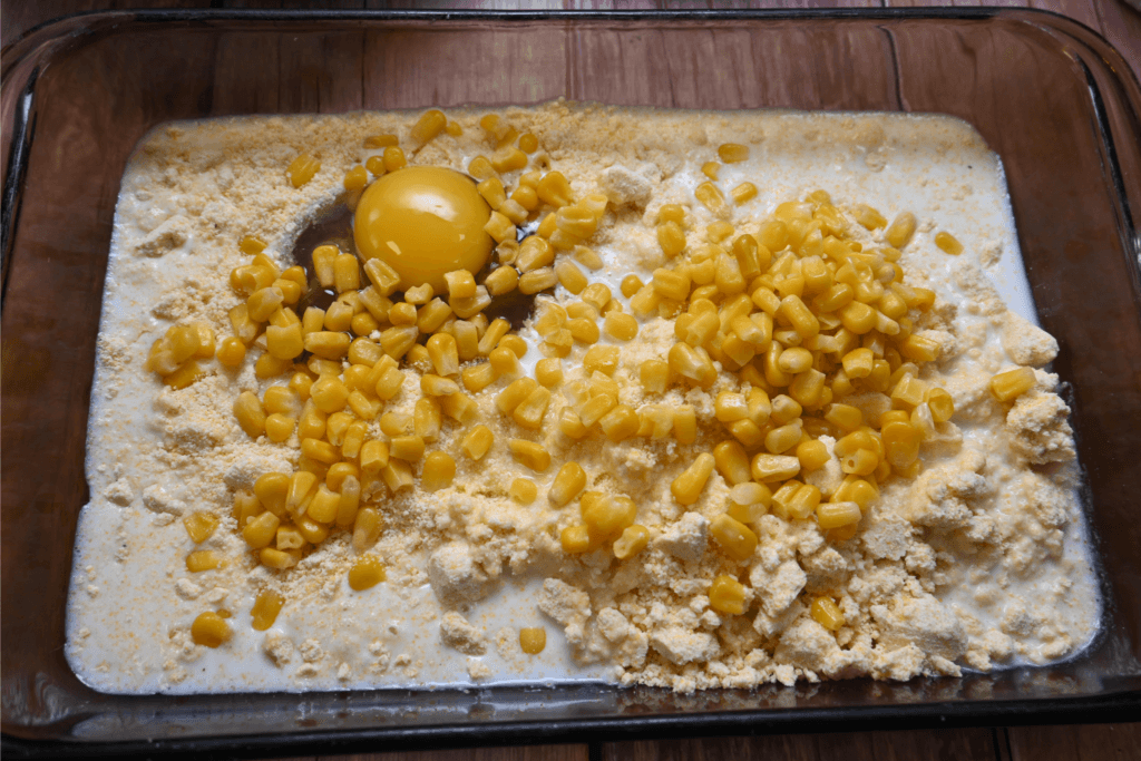 Jiffy mix, corn, milk, and egg in the casserole dish