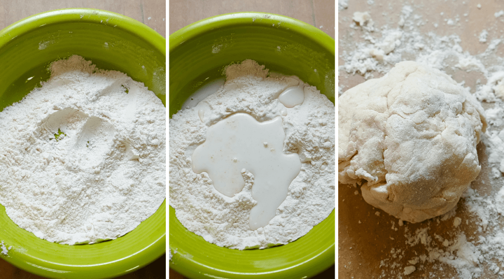Collage image showing how to add ingredients to make pizza dough for microwave pizza