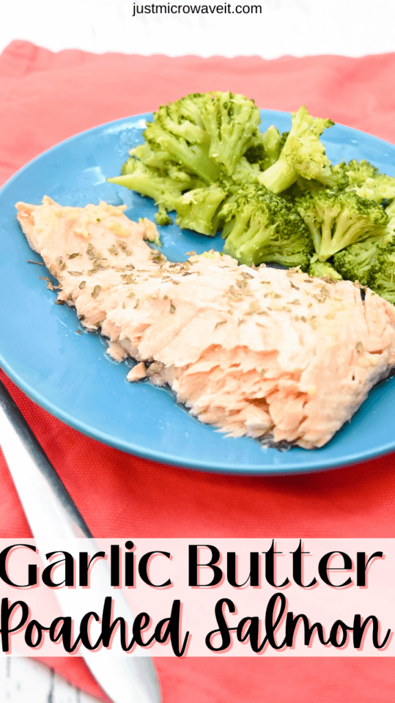 A close up image of garlic butter salmon with broccoli on a blue plate on a red napkin, made in the microwave. 