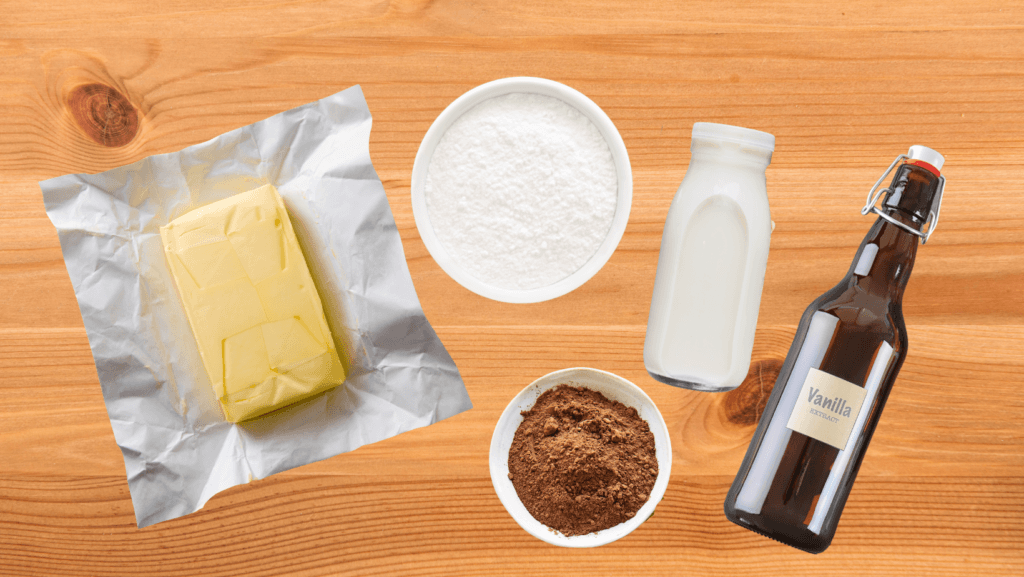 Ingredients to make hard fudge frosting
