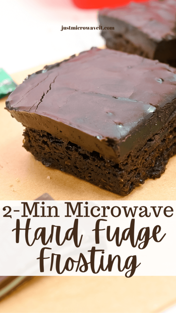Title image with a square of cake with microwave hardened fudge frosting
