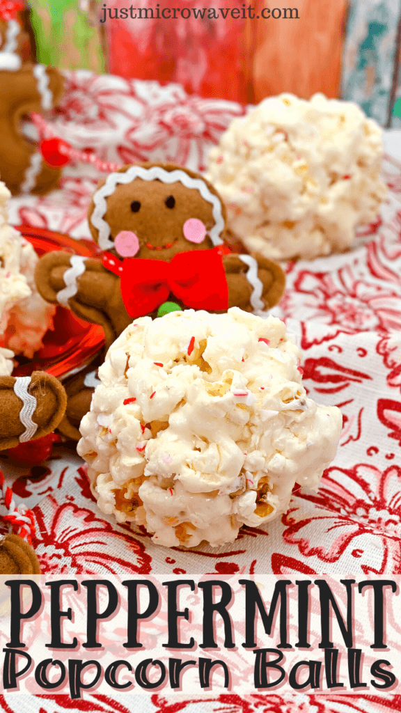 Title image with 2 peppermint popcorn balls with gingerbread men on a red floral towel
