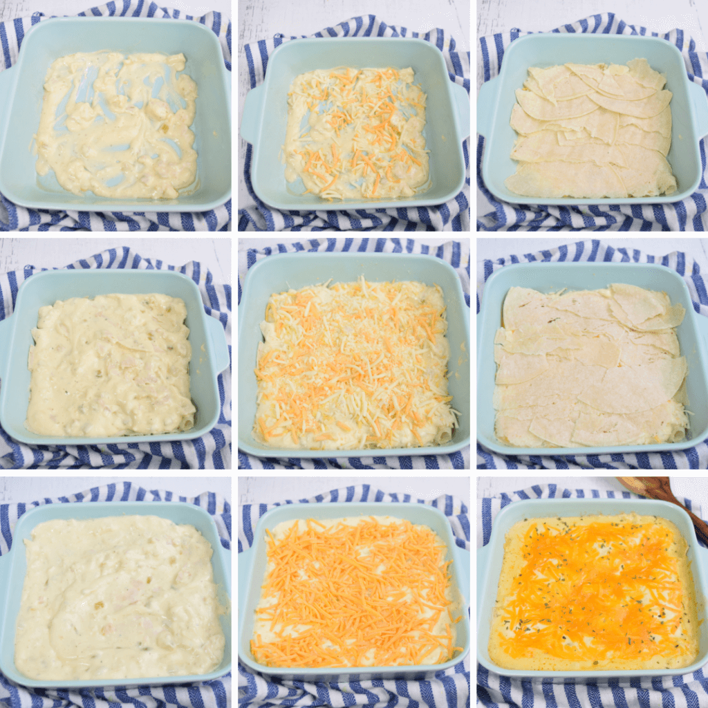 Collage image of layering the green chili chicken casserole
