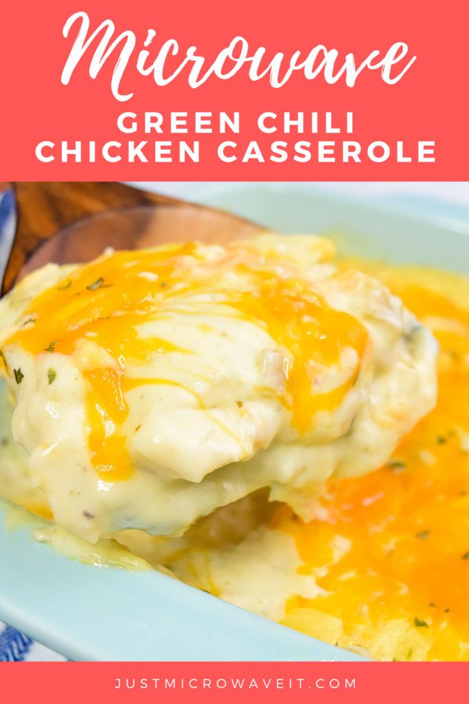 Title image with a close up of a spoonful of microwave green chile chicken casserole held over the casserole dish. 