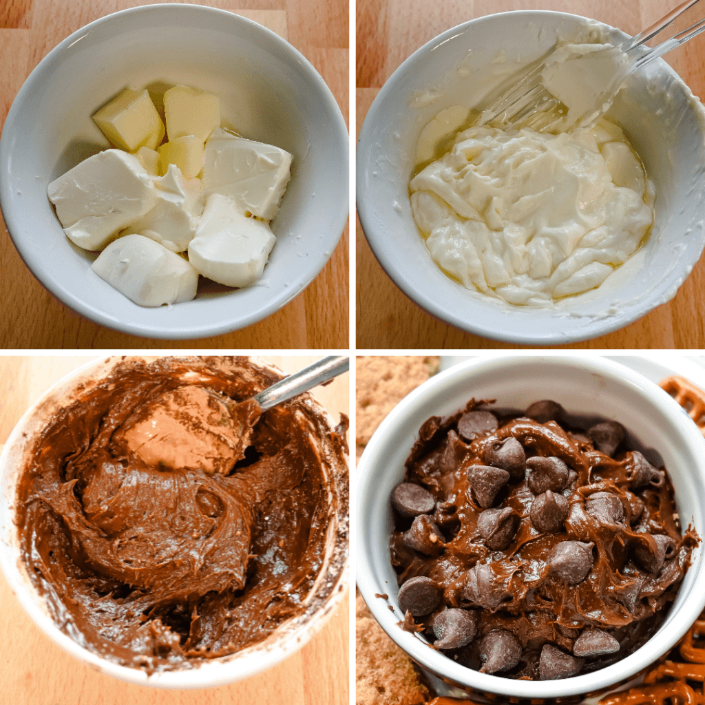 Four image collage showing the process of making the brownie batter dip from start to finish 