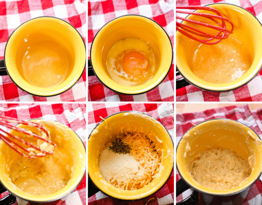 A six image collage of a yellow and black mug with the ingredients being mixed and added on a red checked napkin