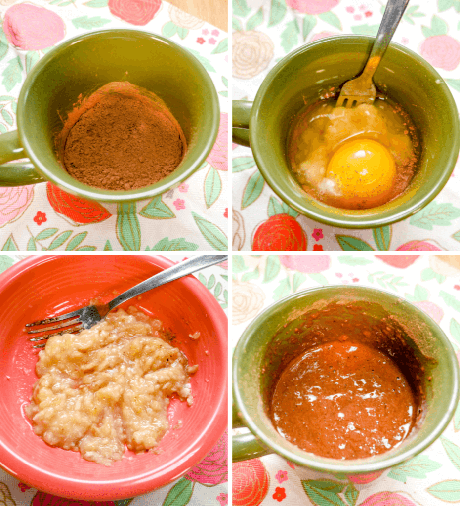 Four collage image with the process shots to mix up the banana mocha cake