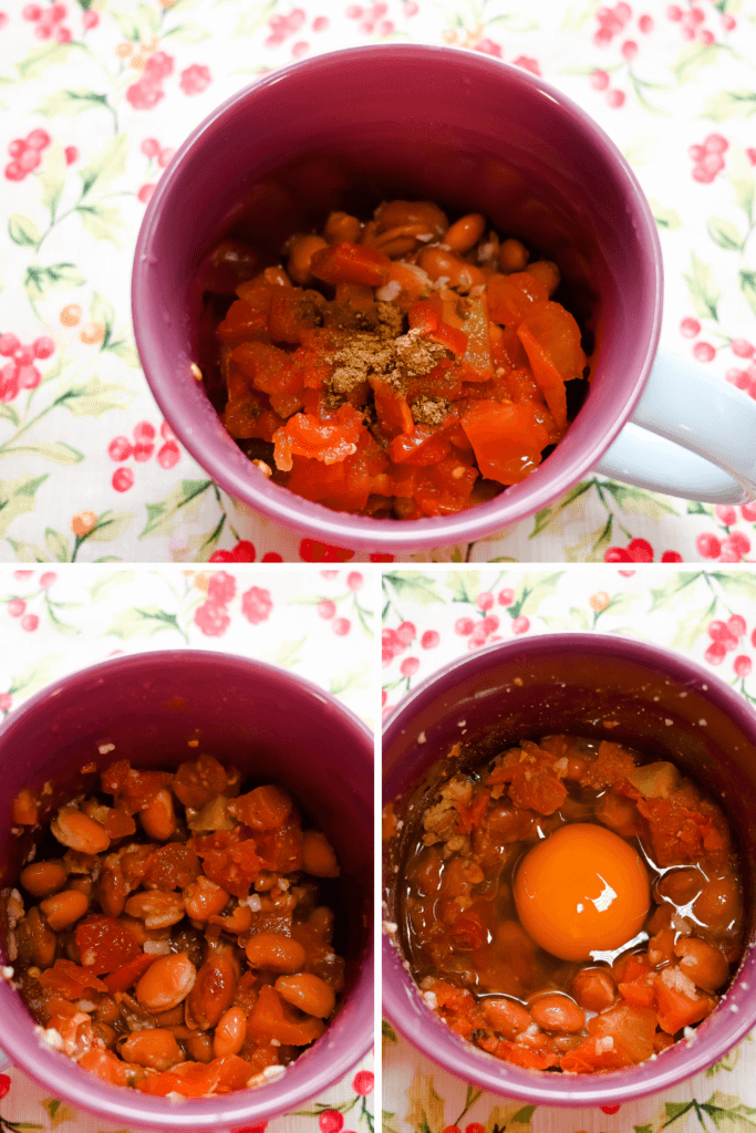 Three collage image with the steps to add the ingredients for huevos rancheros in a mauve mug. 