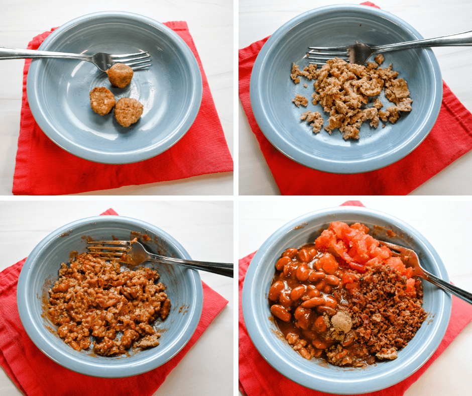 Collage image of making the steps for the the blue bowl of chili on a red napkin