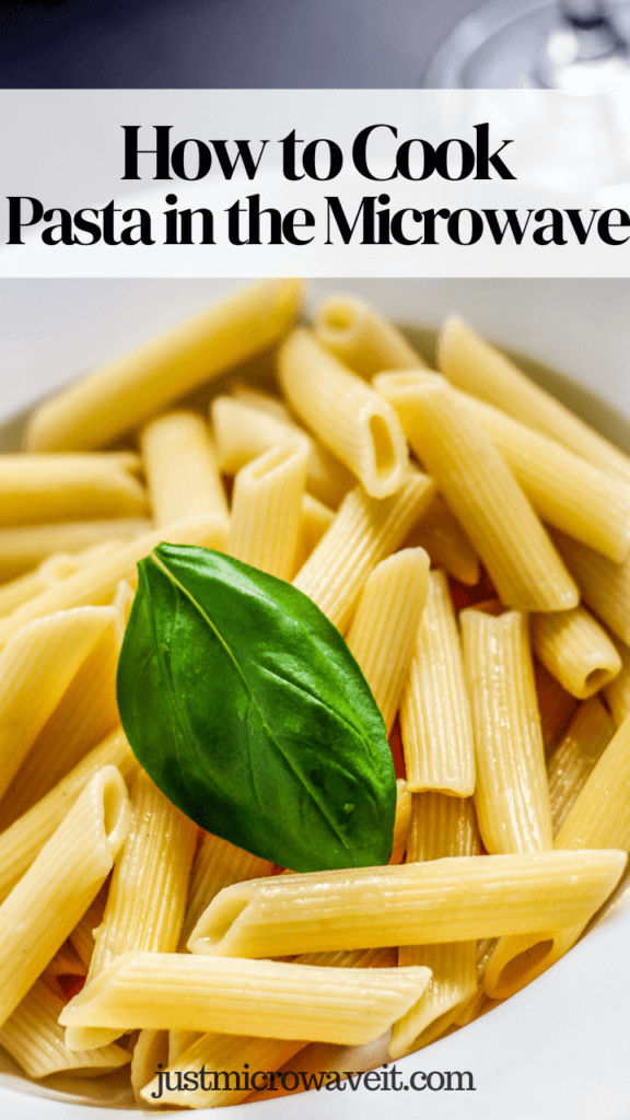 Close up of penne pasta with a basil leaf