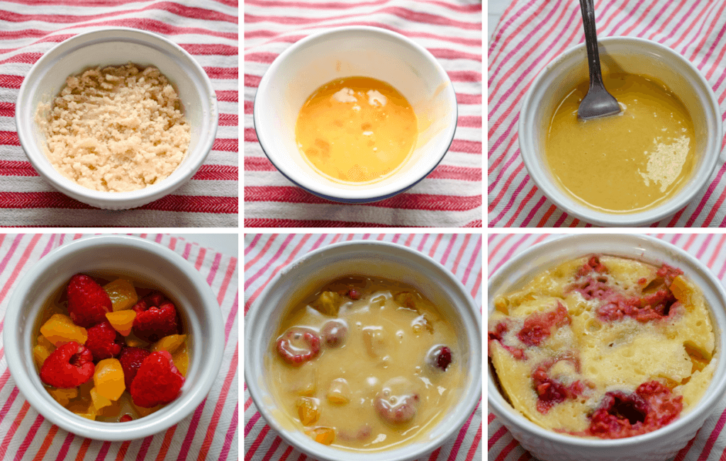 A six image collage for the process of making the Berry Peach Clafoutis