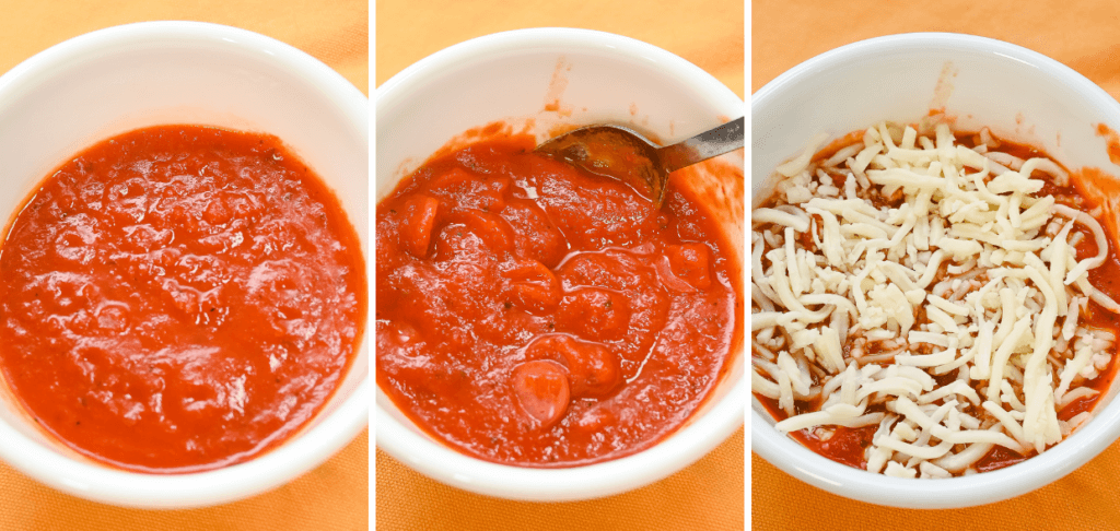 A collage of three images showing the process to make microwave pepperoni pizza dip