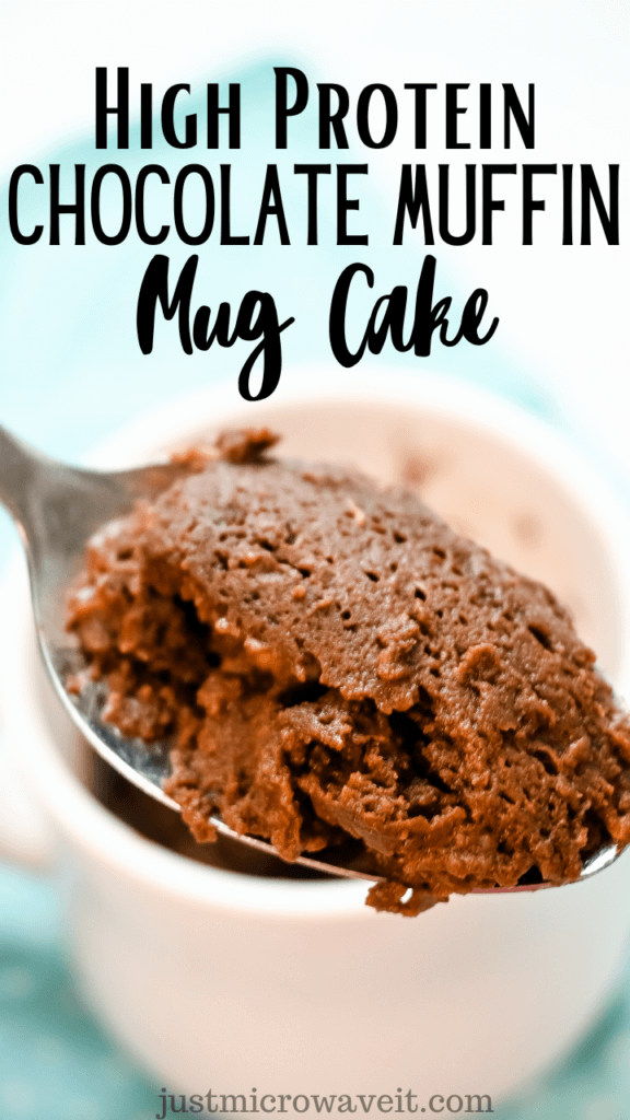 Title image for high protein chocolate muffin mug cake with a spoonful above a white mug