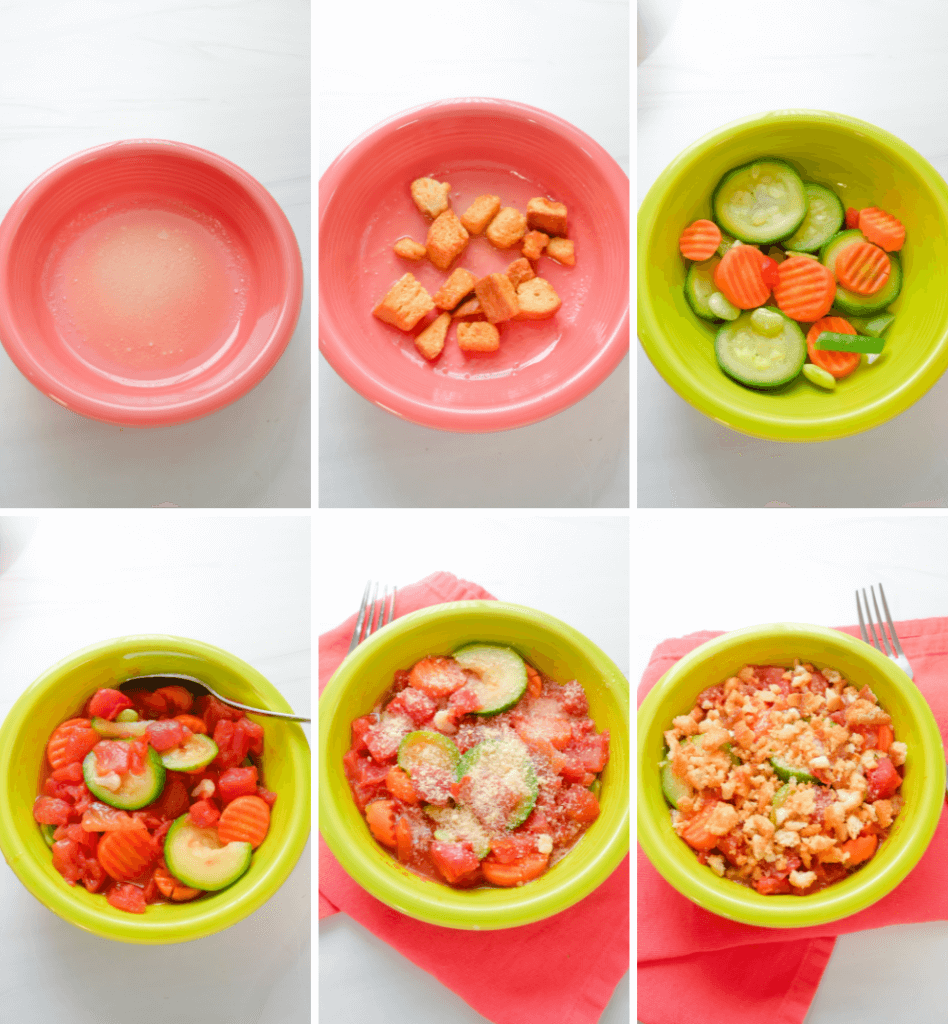 Collage of six images showing the process of making the italian veggie crumble.