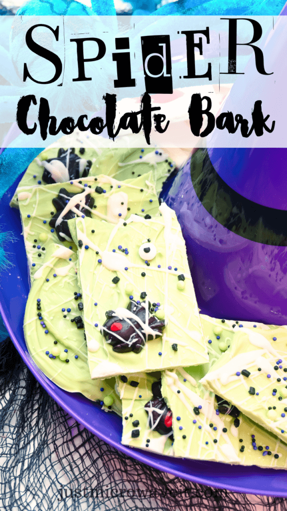 Title image with Halloween Spider Chocolate Bark on a purple witch hat serving tray 