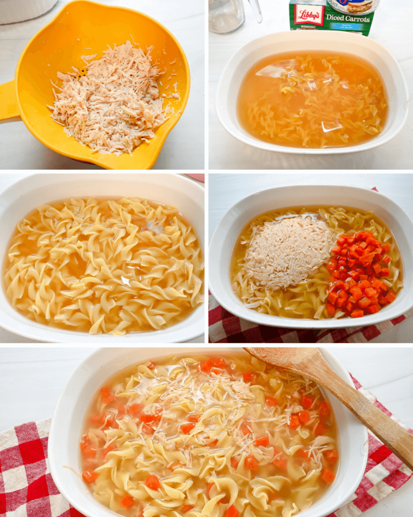 Five collage image showing the process of making chicken noodle soup