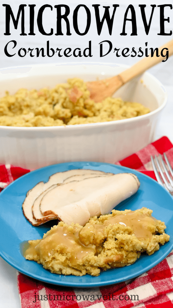 Close up image of slices of turkey and cornbread dressing on a blue plate
