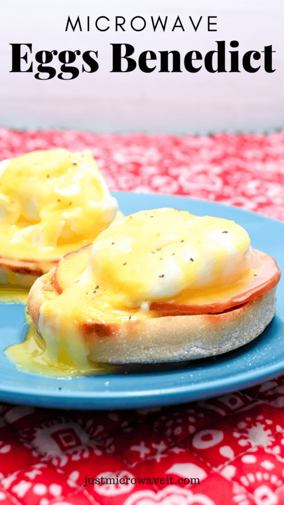 Close up of Microwave Eggs Benedict on a blue plate