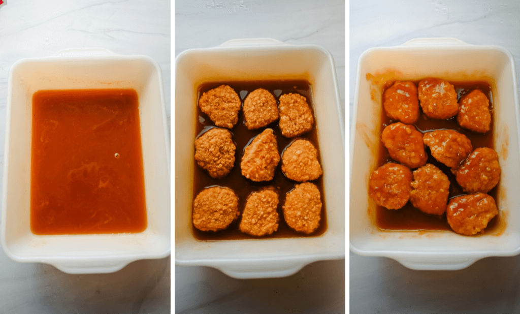 Collage of three images making the honey sauce and adding the chicken nuggets