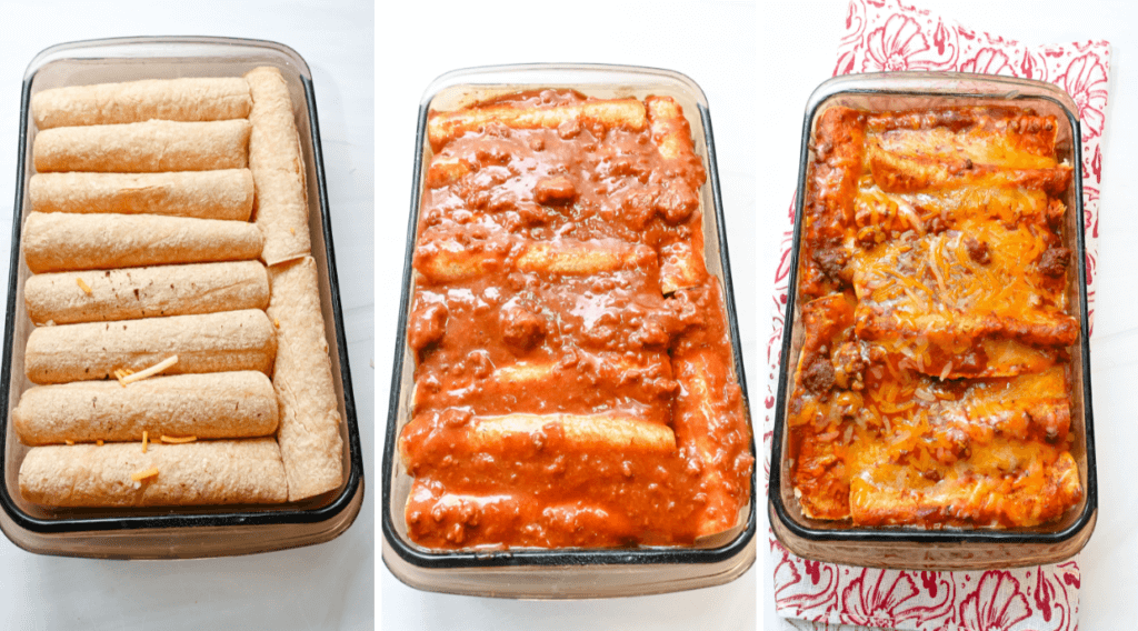 Three image collage showing how to add over the top chili and cheese to the microwave cheese enchiladas. 