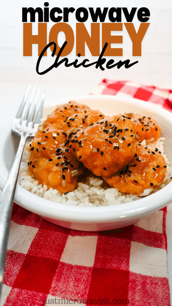 Title image with honey chicken served over white rice and topped with black sesame seeds and dried chives. 